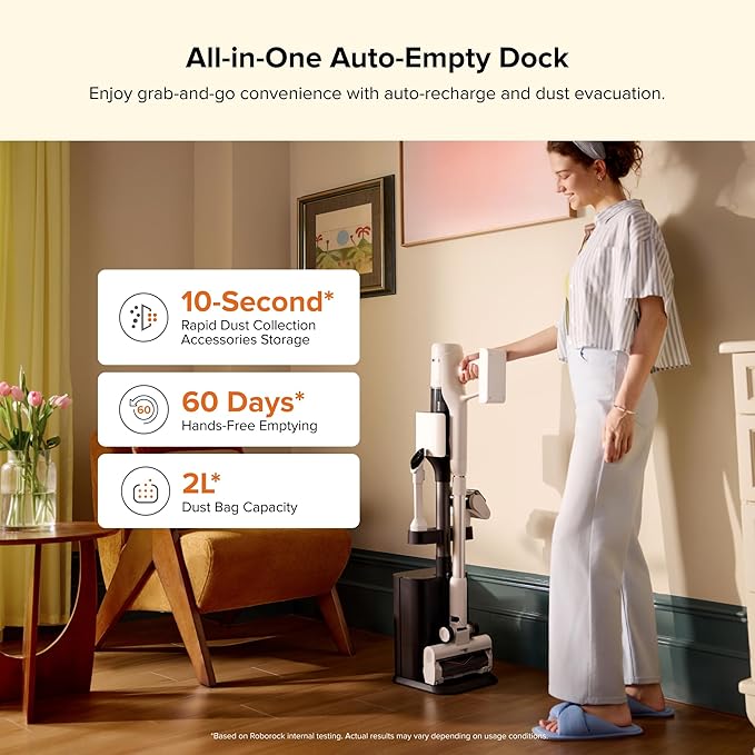 roborock H60 Hub Cordless Stick Vacuum Cleaner with Auto-Empty Dock, 115AW Suction for Carpets and Hard Floors, Vacuum Cleaners with 60-Min Runtime, Anti-Tangle Brush, 140째 Green LED Dust Detection