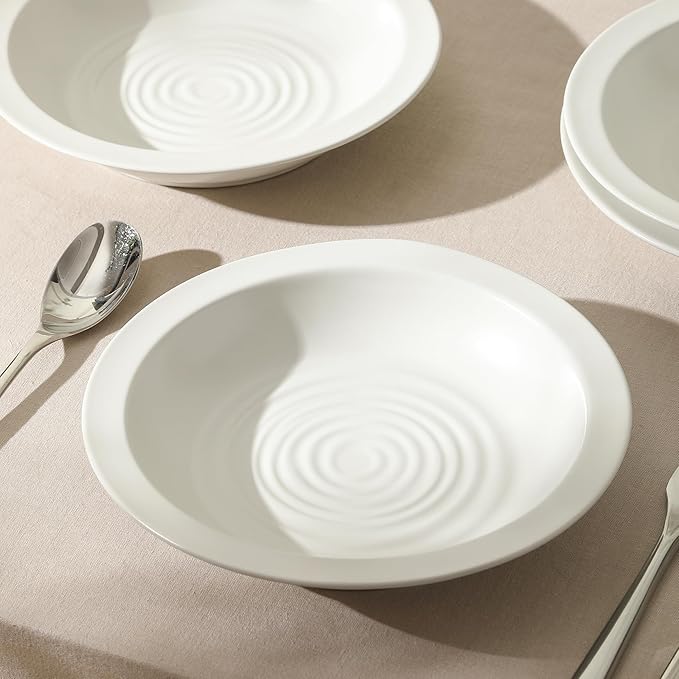 Stone Lain Orbit 12-Piece Dinnerware Set Stoneware, Plates and Bowls Set, Pasta Bowls, Microwave and Dishwasher Safe, Dish Set for 4, White