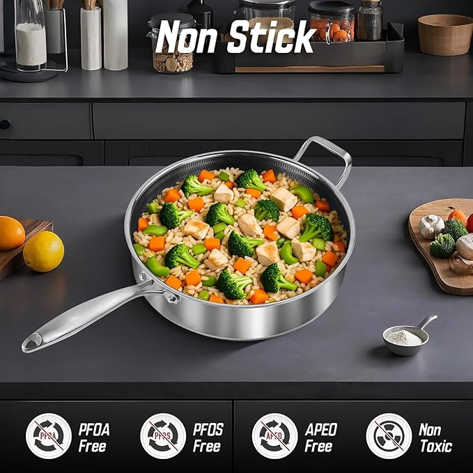 Frying Pans Nonstick wih Lid, Non Stick Tri-Ply Stainless Steel Saute Pan, 7 Quarts Large Saut챕 Pan, 12 Inch Induction Cooking Pan, Dishwasher and Oven Safe, PFOA Free