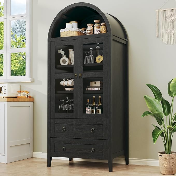71" Tall Arched Kitchen Pantry, Arched Cabinet, Kitchen Storage Cabinets with 2 Large Drawers & Adjustable Shelves & Glass Door for Living Room, Dining Room, Black