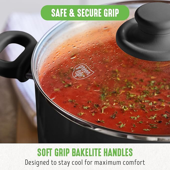GreenLife 6QT Ceramic Nonstick Stockpot with Glass Straining Lid, PFAS-Free, Dishwasher Safe, Stay-Cool Handles, Oven Safe to 350째F, Wobble-Free Base, Even Heating, Black