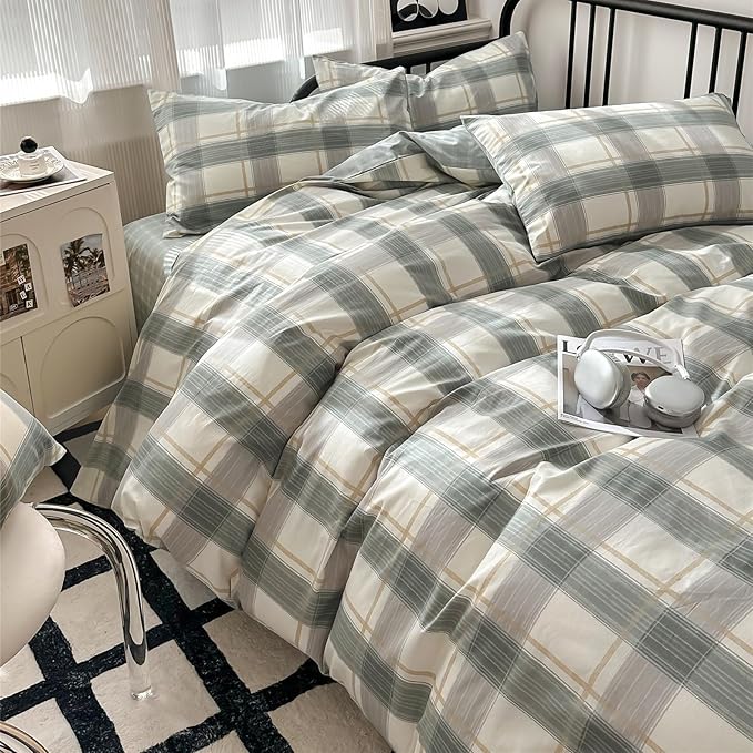 Plaid Queen Comforter Set Geometric Plaid Grid Comforter Set Fluffy Microfiber Bedding Comforter Farmhouse Checkered Comforter Set for All Season 3 Piece Plaid Bedding Comforter Set Queen Size Set