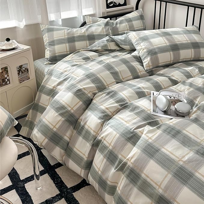 Plaid King Comforter Set Geometric Plaid Grid Comforter Set Fluffy Microfiber Bedding Comforter Farmhouse Checkered Comforter Set for All Season 3 Piece Plaid Bedding Comforter Set King Size Bed Set