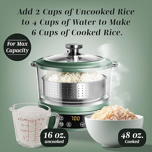 COOK WITH COLOR 3L Glass Mini Low Carb Rice Cooker ??Holds 2 Cups Raw/Makes 6 Cups Cooked with Auto Lift Filter Basket, Hotpot & Steamer for Rice, Grains, Digital Panel with Keep Warm, Dark Sage