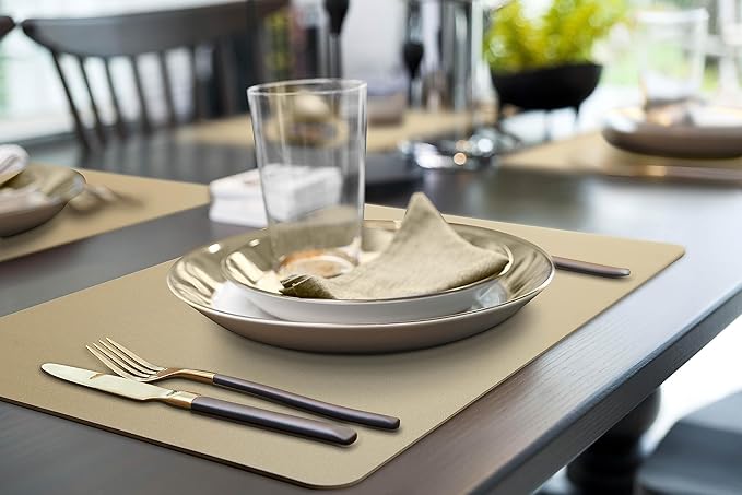 More D챕cor Faux Leather Placemats Set of 4 for Dining Table ??Waterproof, Wipeable, Washable, Stain & Heat Resistant, Non-Slip Table Mats ??12 X 17 Inch, (Solid Beige 4)
