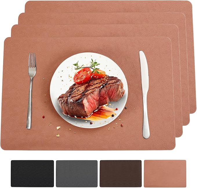 Bxzandya Vinyl Placemats Set of 4 Heat Resistant Easy Clean Non-Slip Place Mats for Dining Table. Faux Leather Waterproof Stain Resistant Wipeable Washable PU Table Mats(4, Coral)