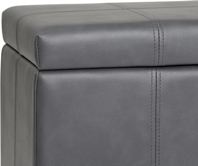 SIMPLIHOME Dover Storage Ottoman Bench - 36 inch Wide Upholstered Vegan Leather Rectangular Lift-Top Ottoman in Stone Grey, Contemporary Bench for Living Room with Safety Hinges