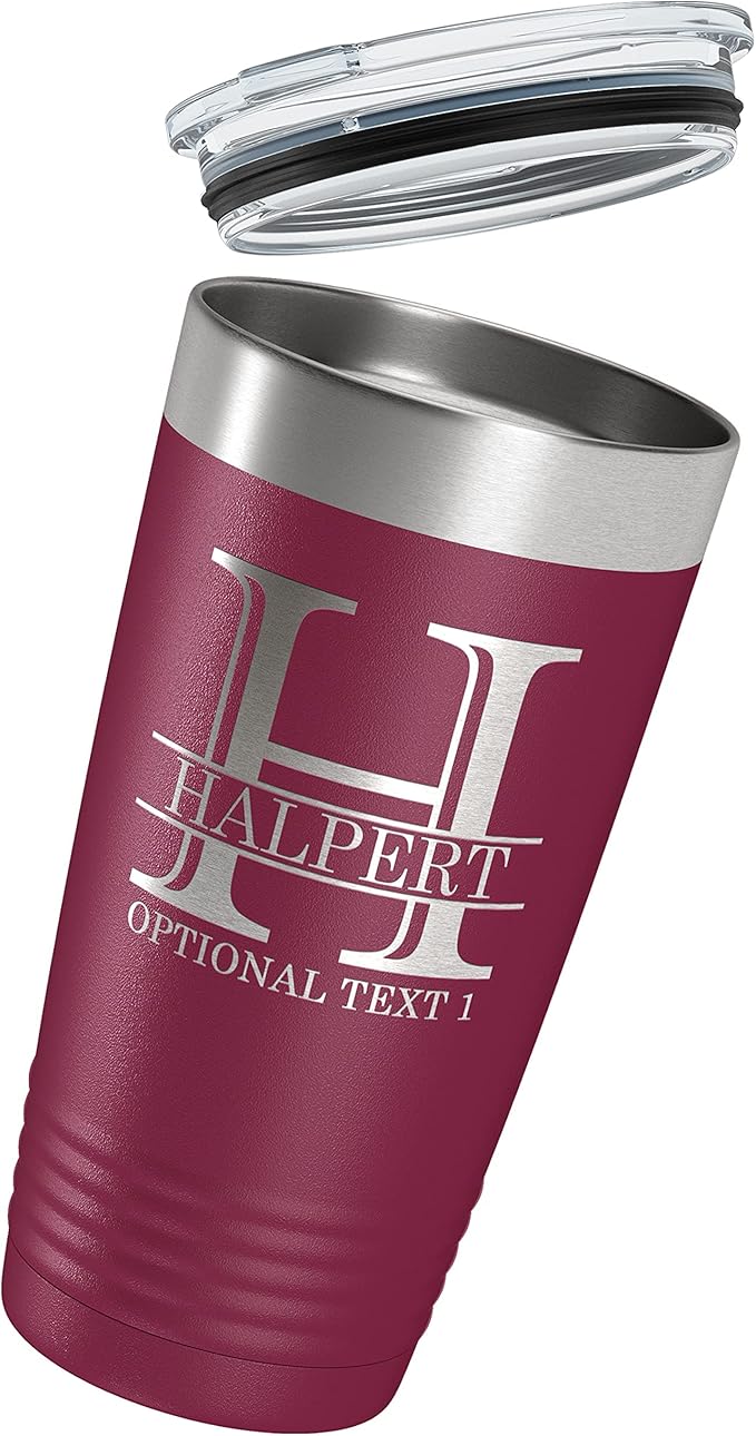 Personalized 20oz (17 Colors) Powder Coated Insulated Stainless Steel Tumbler with Lid, Custom Etched, Customized Engraved Gift Idea for Women Men Her Him, Halpert Monogram Initial Name (Maroon)