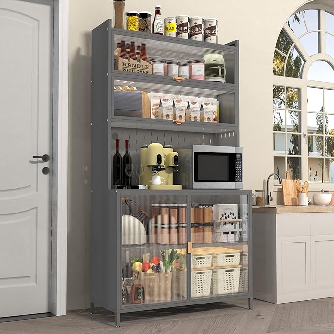Ball & Cast 73?쿛antry Cabinet,Versatile Metal Storage Cabinet with Microwave Shelf,Pegboard Spacious, Adjustable Shelves Moden Kitchen Cabinet w/Anti-Tipping Safety for Kitchen,Dining Room,Grey