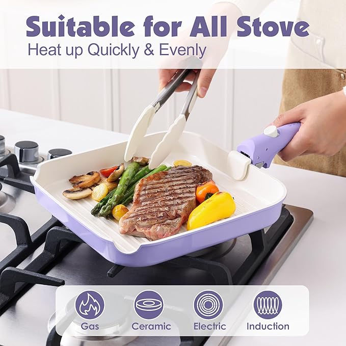 SENSARTE 17 Piece Ceramic Pots and Pans Set, Nonstick Detachable Handle Cookware, Induction Kitchen Cookware Set with Removable Handle, Dishwasher 竊?Oven Safe (Purple)