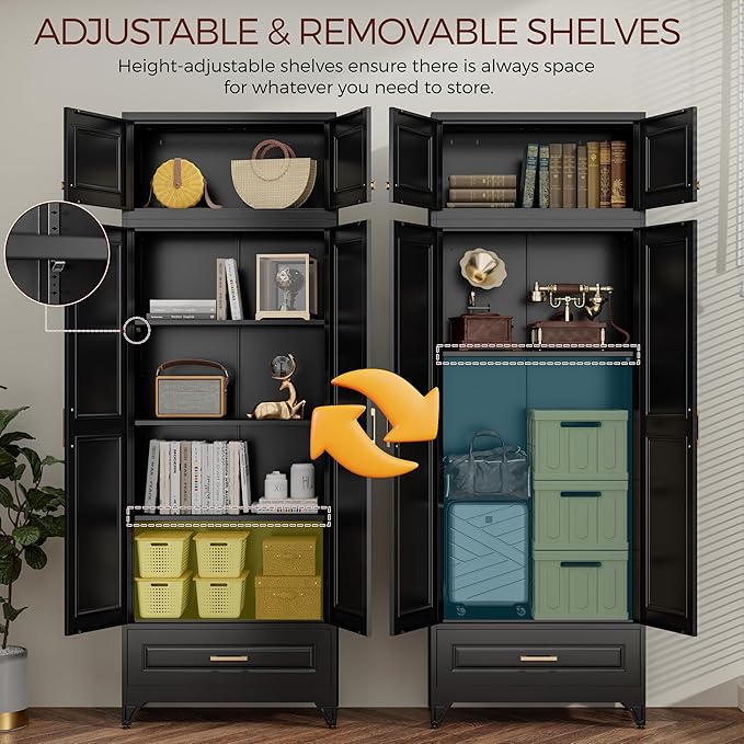 Metal Storage Cabinet, 90" Black Pantry Cabinet with 4 Doors and 4 Adjustable Shelves, Tall Cabinets for Dinning Living Room and Dining Room