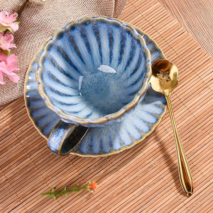 Ceramic Floral Coffee Mug with Saucer Set and Spoon - Vintage Glazed Tea Cup & Coaster for Cafe/Home/Office Blue