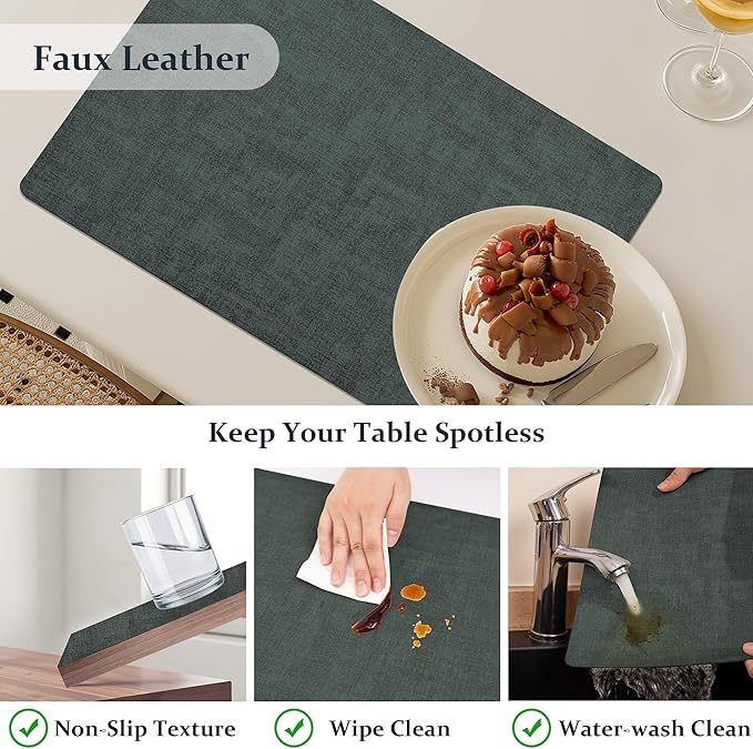 FROMHEART Faux Leather Placemats Set of 8?밯aterproof,Heat/Oil Stain-Resistant PU Table Mat?밨eversible,Non-Slip,Easy to Clean Place Mats for Kitchen,Dining,Indoor/Outdoor,(Dark Green,11.8" x 17")