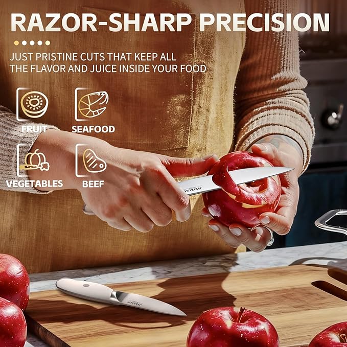 Huusk Paring Knife Set 2PCS - Razor Sharp 5" Kitchen and 3.5" Peeling Knives Well Balanced Vegetable Fruit Knife with Ergonomic White Handle Present Gift for Men Women