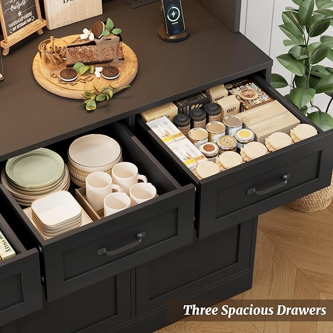 HOSTACK 72" Tall Kitchen Pantry Cabinet with Charing Station | LED Lights, 47" W Kitchen Pantry Storage Cabinet with Countertop, Modern Kitchens Hutch Cabinets with Storage for Dining Room, Black