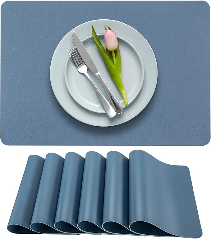 More D챕cor Faux Leather Placemats Set of 6 for Dining Table ??Waterproof, Wipeable, Washable, Stain & Heat Resistant, Non-Slip Table Mats ??12 X 17 Inch, (Solid Blue, 6)