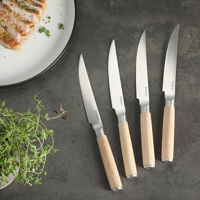 Babish 4-Piece 1.4116 German Stainless Steel Steak Knife Set with Light Pakka Wood Handles ??Full-Tang Steak Knives for Dining, Entertaining & Everyday Table Use