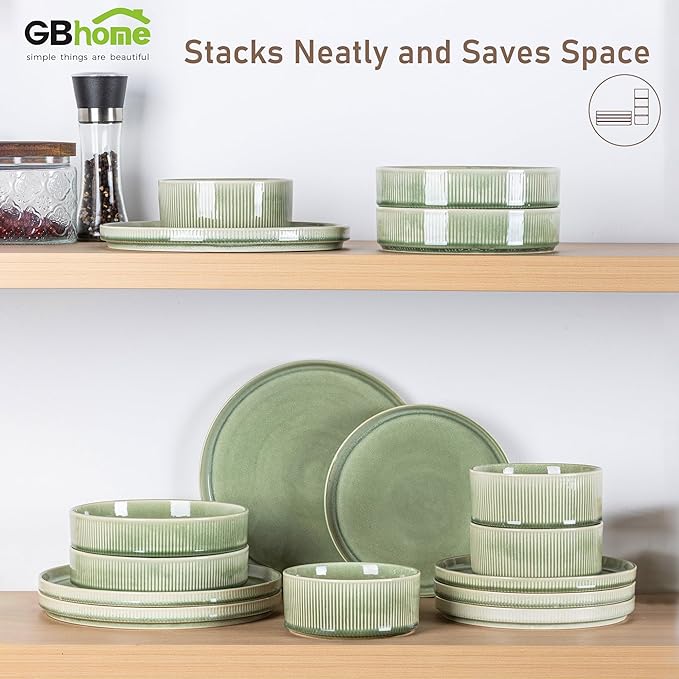 GBHOME Stoneware Dinnerware Sets for 6,Round Reactive Glaze Ceramic Plates and Bowls Set,Highly Scratch Resistant | Dishwasher & Microwave Safe Dishes Set,Service for 6(18Pcs)竊똋ight Green