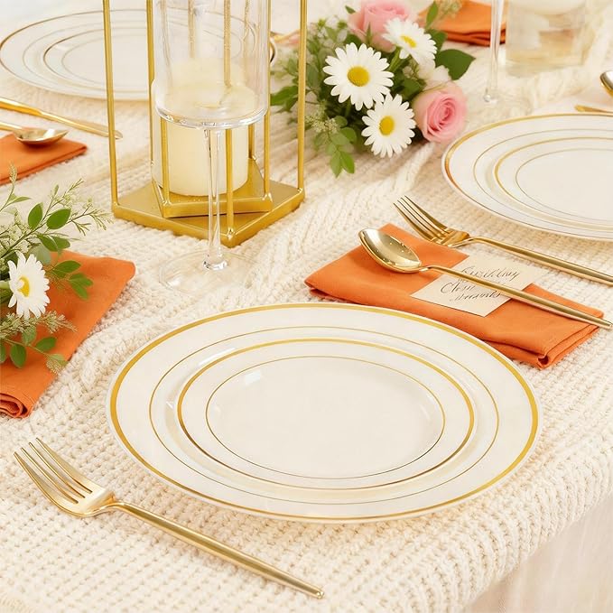 U-QE 100pcs Ivory Plastic Plates for Party - Ivory Gold Plastic Plates Disposable Heavy Duty - Include 50 10" Dinner and 50 7" Dessert Plate, Perfect for Party, Wedding
