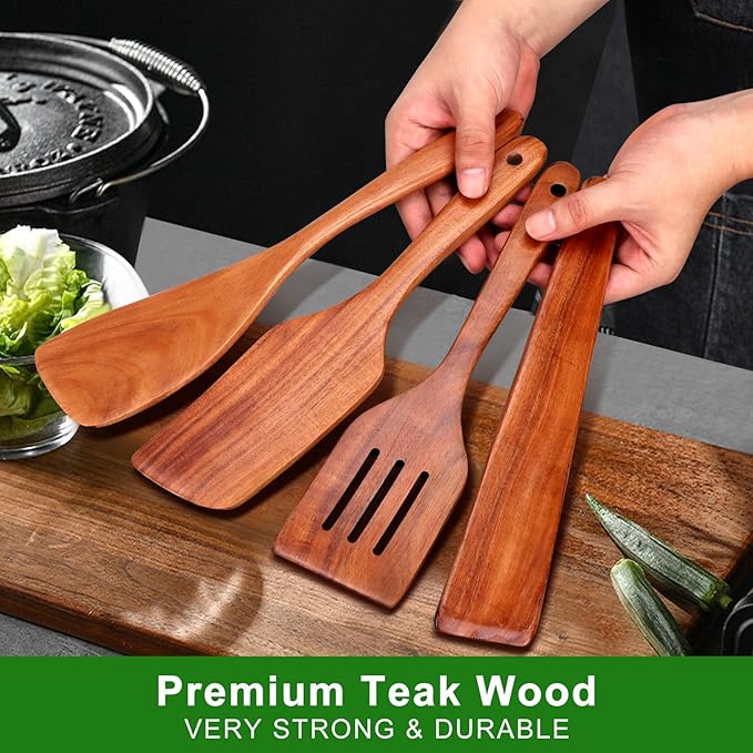 Non Toxic Wooden Spatula for Cooking Best Teak Wood Spatulas for Kitchen Use Wooden Cooking Utensils Set of 4 Including Paddle, Turner, Slotted Spurtle and Wood Scraper Nonstick Cookware