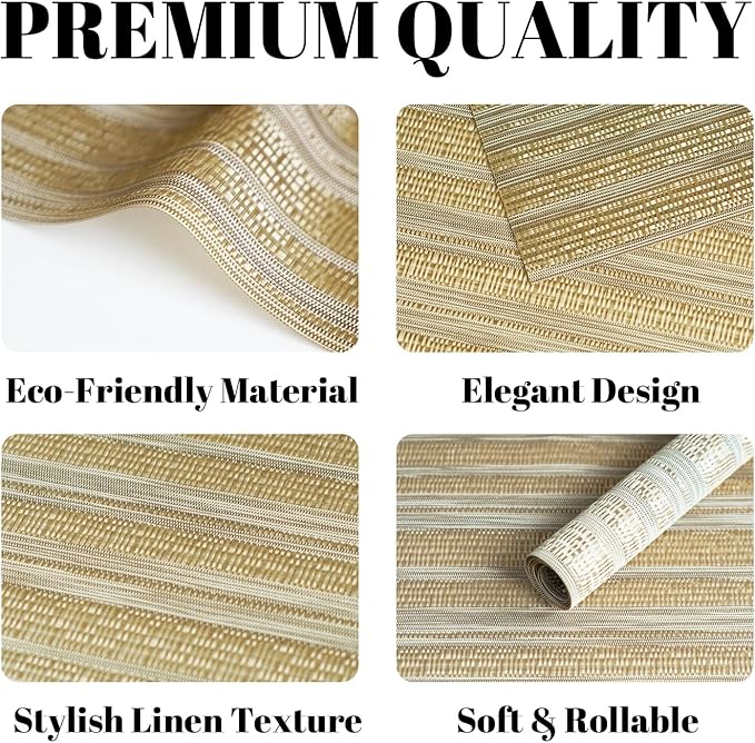 SUMYMERY Placemats Set of 6 Vinyl/Plastic Woven Place Mats for Kitchen Table Indoor/Outdoor Washable Placemat Wipeable Dining Table Mats (Aurora Gold,6)