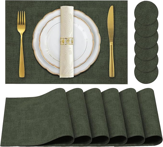 JUCCWARM Faux Leather Placemats Set of 6,Heat Resistant Placemats for Dining Table, Easy Clean Non-Slip Place Mats, Waterproof Stain Resistant Wipeable Washable PU Table Mats, (Dark Green)