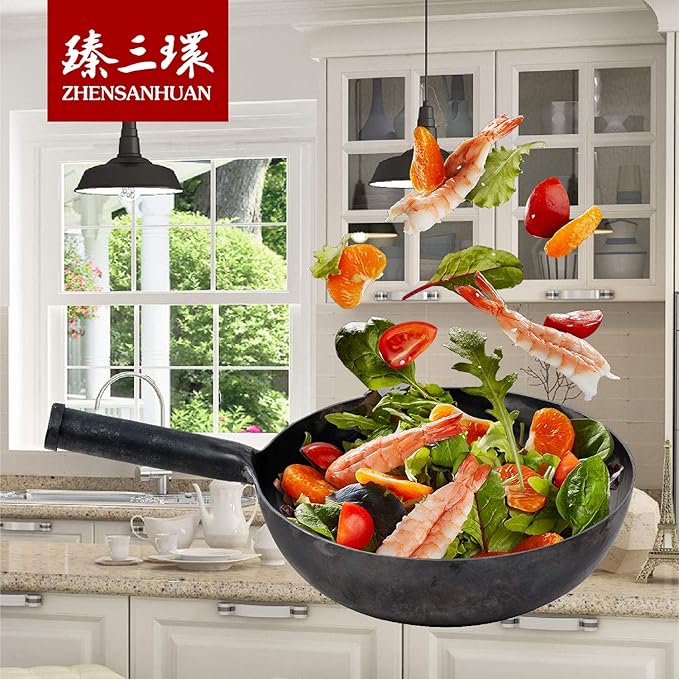 ?삡툒??ZhenSanHuan Chinese HandHammered Iron Woks and Stir Fry Pans, Non-stick, No Coating, Induction Suitable, 塋졽툡?곲봾竊뚩닃弱뽨툓?꾡릎?쏙펽A bite of China (28CM)