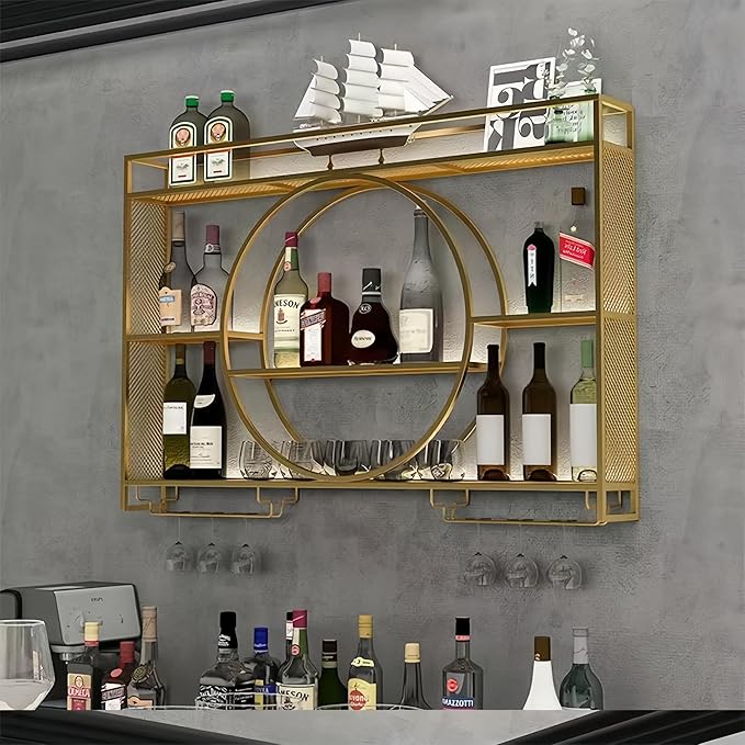 39 Inch Wall Mounted Wine Rack, 3-Tier Wall Bar Shelves for Liquor Bottles, Large Capacity Bar Shelves Wall Mounted with Glass Holder for Home Bar, Kitchen & Dining Room, Gold