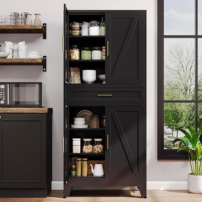 71" H Metal Kitchen Pantry Cabinet with Drawers,Black Kitchen Storage Cabinets with Doors,Tall Pantry Food Storage Cabinets,Large Freestanding Cabinets for Dining Room, Living Room