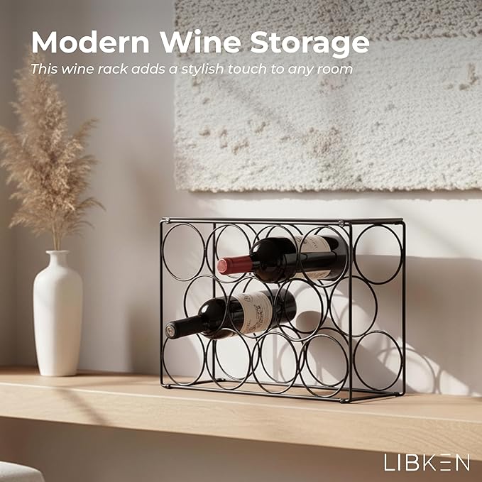 Countertop Wine Rack ??Black Powder Coated Metal Wine Holder, Minimal Scandinavian Design ??Modern Geometric Small Wine Rack for Countertop, Cabinet, or Tabletop Storage, Fits 11 Bottles