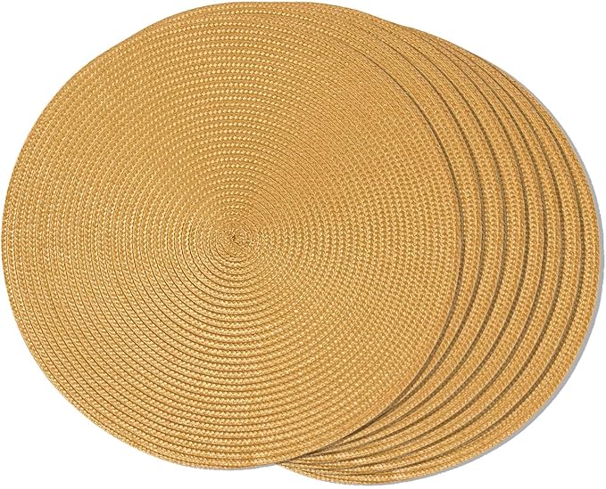 FunWheat Round Braided Placemats Set of 8 Table Mats for Dining Tables Woven Washable Non-Slip Place mats 15 inch(Pumpkin Yellow,8pcs)