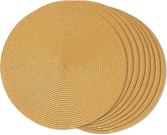 FunWheat Round Braided Placemats Set of 8 Table Mats for Dining Tables Woven Washable Non-Slip Place mats 15 inch(Pumpkin Yellow,8pcs)