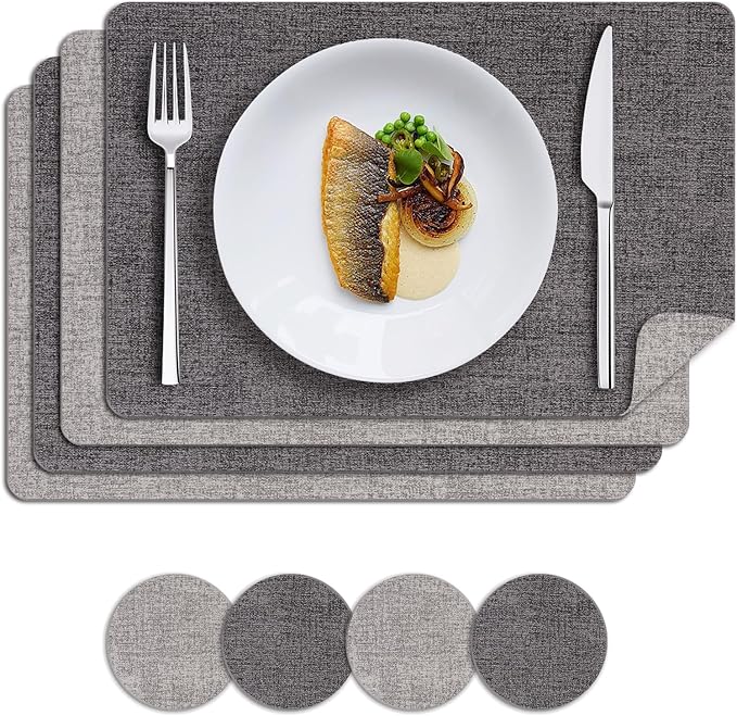 MOSAYT Placemats Set of 4, Heat Resistant Vinyl Place Mats with Coasters, Waterproof Wipeable Washable Faux Leather Table Mats for Kitchen Dining Party Indoor Outdoor, 12" x 17", Dark Light Grey