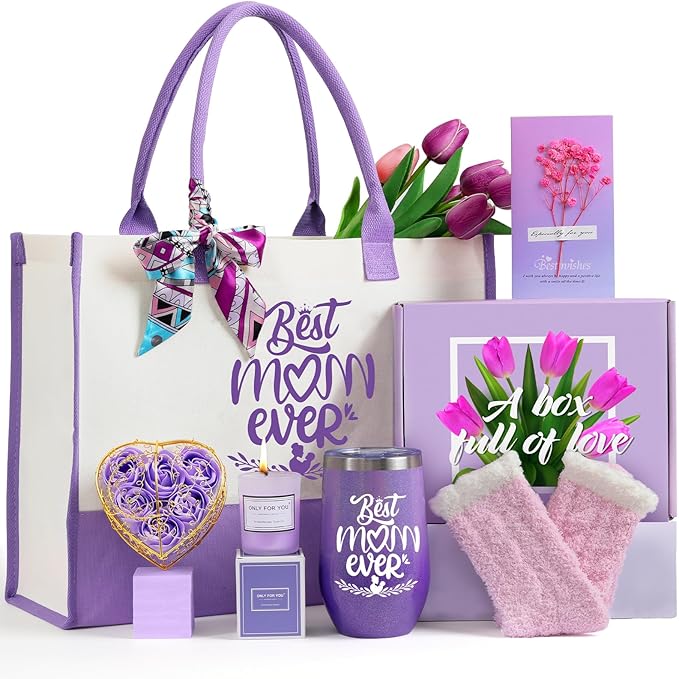 Christmas Gift baskets for Mom, Christmas Gift Sets for Mother from Daughter Son, Birthday, Thanksgiving Day, Care Package for Mother with Canvas Tote Bag Sock Tumbler Soap Flower