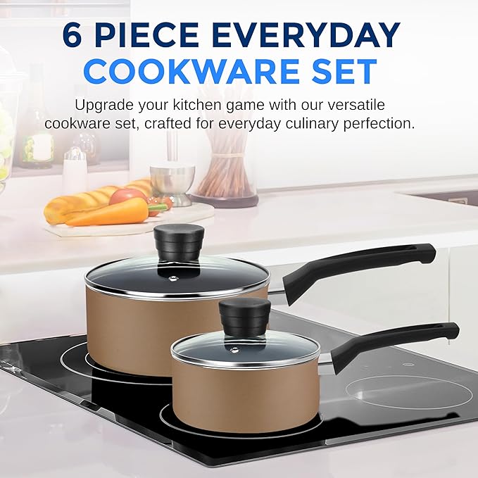 SereneLife 6-Piece Pots and Pans Set ??Nonstick Cookware, Black Coating, Heat-Resistant, Dishwasher safe, Includes Fry Pans, Saucepans with Lids, Color Gold