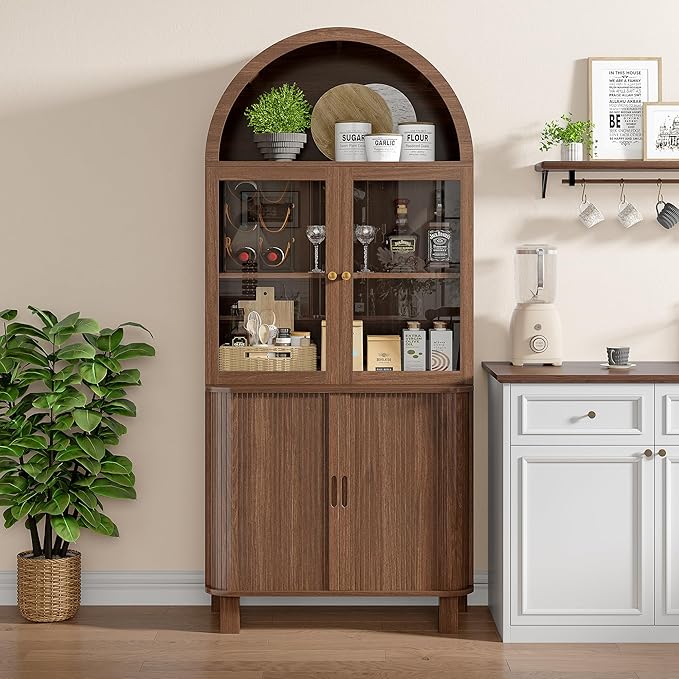 69" Tall Kitchen Pantry Storage Cabinet with Sliding Door, Modern Curved Edge Pantry Storage Cabinet with Glass Door & Adjustable Shelves, Walnut Cupboard for Kitchen, Dining Room, Living Room, Office