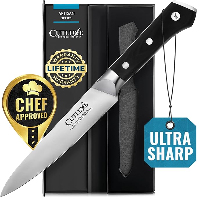 Cutluxe Kitchen Utility Knife, 5.5" Paring Kitchen Knife ??Razor Sharp Blade, High Carbon German Steel, Full Tang Ergonomic Handle Design ??Artisan Series