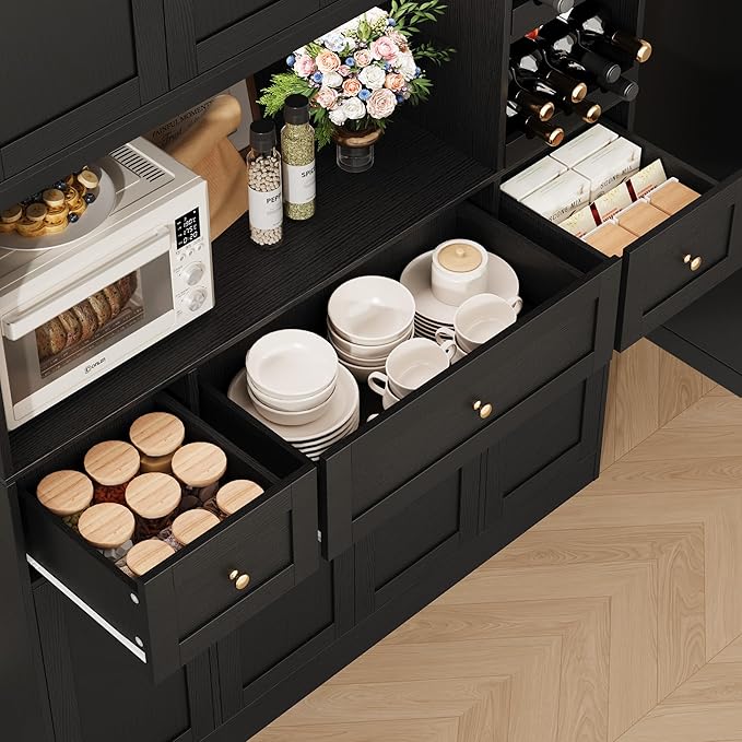 72" Tall Black Pantry Cabinet, Kitchen Hutch with Wine Rack, Microwave Stand, Buffet Cabinet with Hutch for Dining Room Kitchen, Home Bar Black