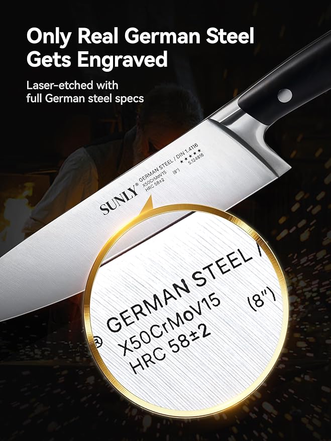 SUNLY 8 Inch Chef Knife ??Professional Kitchen Knife, German 1.4116 Stainless Steel, 58짹2 HRC Hardness, Full-Tang, Anti-Slip Handle, Sharp kitchen knives, Gift-Ready Magnetic Box