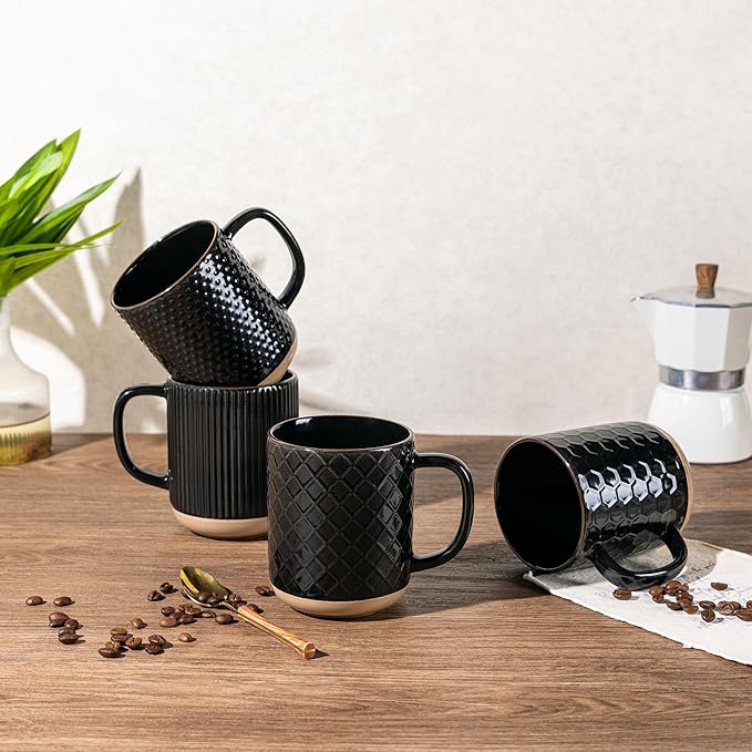 GBhome Ceramic Coffee Mugs Set of 4, 12oz Handmade Stoneware Coffee Mugs Set with Large Handle for Cappuccino/Latte/Tea/Hot Cocoa, Dishwasher & Microwave Safe, Black