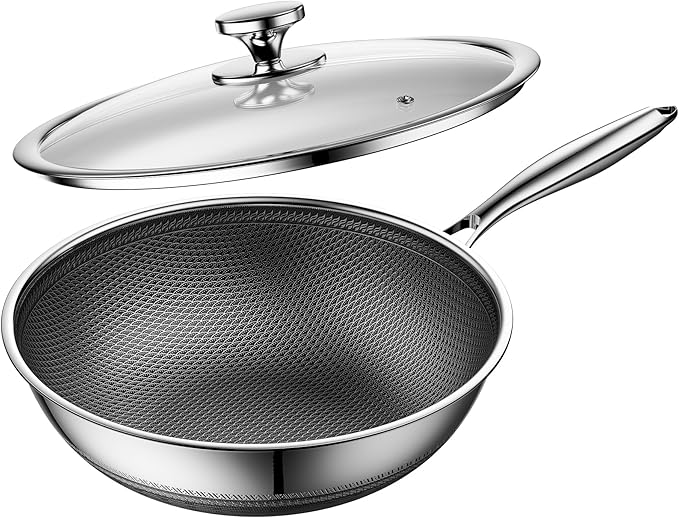 Wok,Hybrid 12-Inch Wok with Lid,Nonstick Stainless Steel Woks & Stir-fry pans,Dishwasher-Friendly,PFAS PFOA PTFE Free, Oven-Safe Up to 600째F,Compatible with All Cooktops