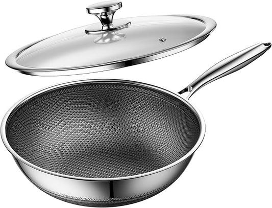 Wok,Hybrid 12-Inch Wok with Lid,Nonstick Stainless Steel Woks & Stir-fry pans,Dishwasher-Friendly,PFAS PFOA PTFE Free, Oven-Safe Up to 600째F,Compatible with All Cooktops