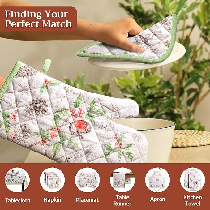 Maison d' Hermine Pot Holders Set 100% Cotton Heat Resistant Potholders 8" x 8" Hot Pads with Loop for Thanksgiving Christmas Decorations BBQ Baking Handling Hot Pans (Pack of 2, Christmas Dew)