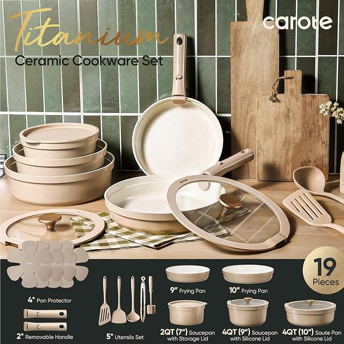 CAROTE 19 Pcs Ceramic Cookware Set Titanium Nonstick with Detachable Handles, Non Toxic Cookware, Pots and Pans Set Non Stick Removable Handles, Induction Available, Kitchen Cooking, Dishwasher Safe
