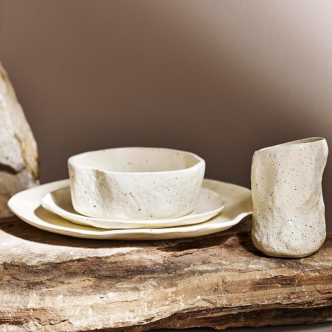 Stone by Mercer Project Atik Modern Stoneware 16-Piece Dinnerware Set, Plate and Bowl Set, Dish set for 4, Cream Speckled