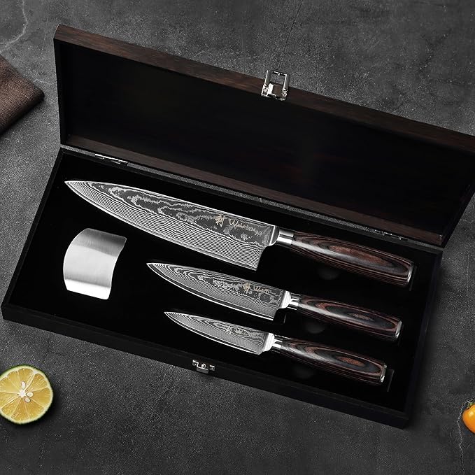 Wakoli EDIB Essentials 3-Piece Damascus Knife Set ??Professional Chef's Knives with VG10 Core & 67-Layer Damascus Steel Blades, Ergonomic Pakkawood Handles ??Premium Kitchen Knives in Elegant Gift Box