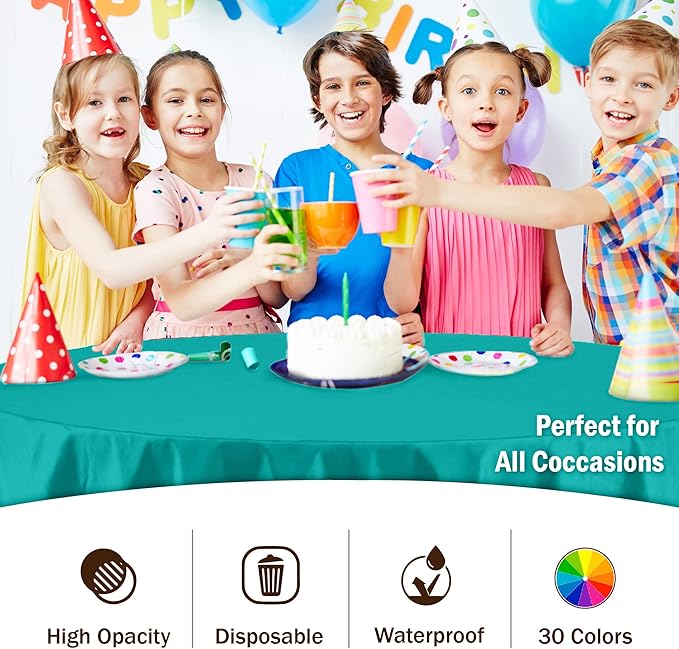 Party Solids 6-Pack Premium Plastic Tablecloth 84in. Round Plastic Table Cover - Teal