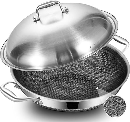 LOLYKITCH 14.5 Inch Hybrid Ceramic Nonstick Stainless Steel Wok Pan with Steel Lid - Large Tri-Ply Flat Bottom Stir Fry Pan for Induction - PFOA Free, Dishwasher & Oven Safe