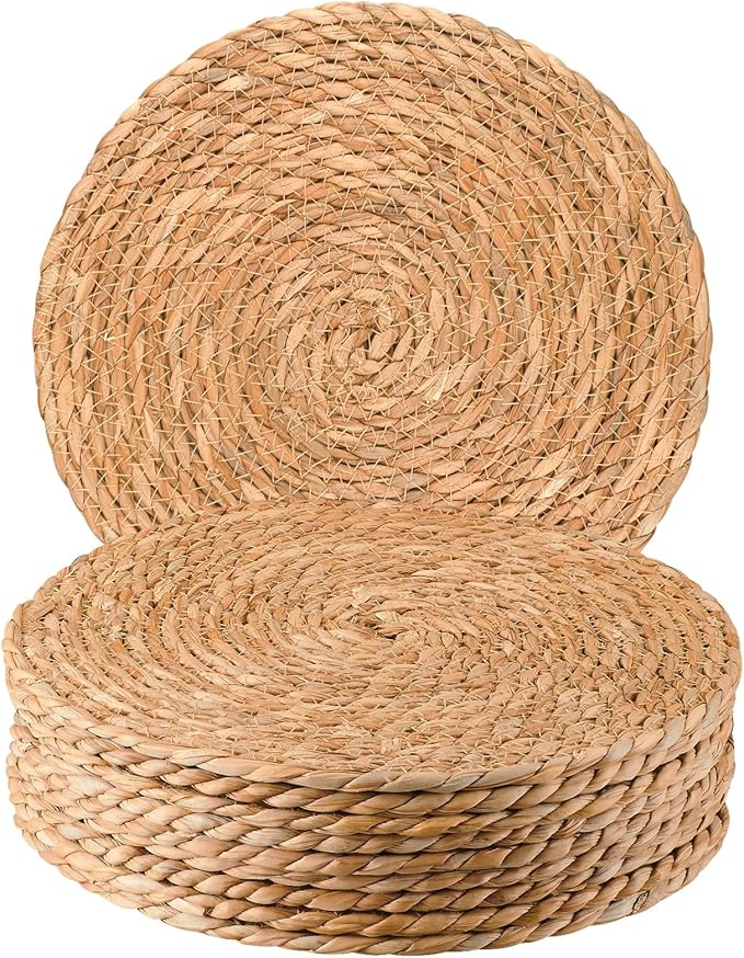 Round Woven Placemats 13 Inch Set of 10 - Boho Rattan Placemat Natural Water Hyacinth Placemats, Farmhouse Weave Place Mats, Rustic Braided Wicker Table Mats for Dining Table,Home,Wedding