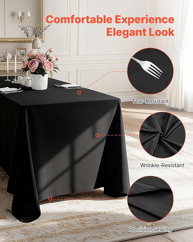 VEVOR Black Tablecloths for Rectangle Tables, 6 Pack, 70 x 120 Inches, Reusable and Machine Washable Table Clothes, Wrinkle-Resistant Polyester Fabric Table Covers for Wedding, Party, Banquet